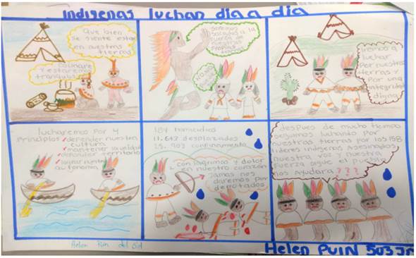 Historieta, Movilización Indígena, elaborada por una estudiante de quinto grado