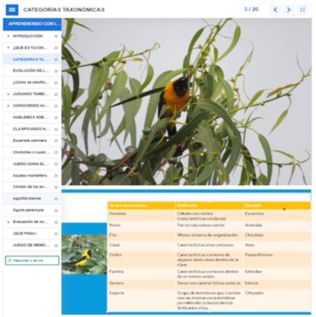 Espacio Virtual de Aprendizaje sobre avifauna diseñado en la plataforma H5P.